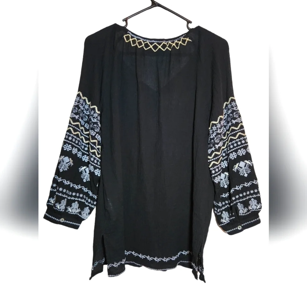 Paparazzi Boho Embroidered Black Top Tunic 100% Cotton Size M Hippie Cottagecore - Picture 5 of 6